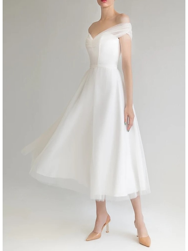  Bridal Shower Liten vit klänning Bröllopsklänningar A-linje Över axeln Ärmlös Telång Satäng Brudklänningar Med Enfärgat 2024