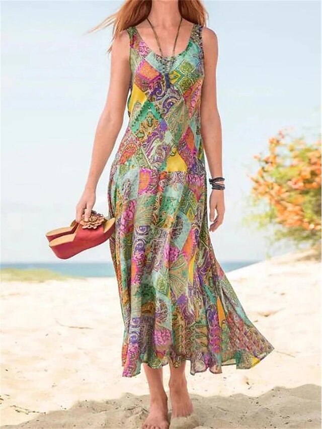 Women's Maxi long Dress Maxi Dress Casual Dress Tank Dress Summer Dress Boho Dress Bohemia Streetwear Casual Outdoor Vacation Going out Loose Fit Floral Sleeveless V Neck Red Blue Purple Green Summer4