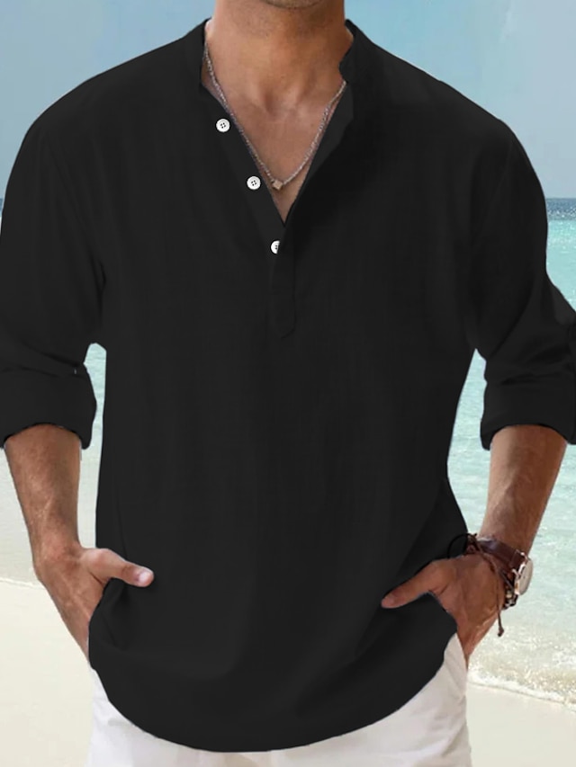 Men's Linen Shirt Popover Shirt Casual Shirt Beach Shirt Black White ...