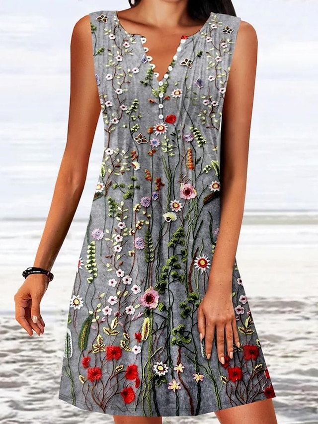  Damen Tank-Top Kleid Blumen Taste Bedruckt V Ausschnitt Minikleid Täglich Urlaub Ärmellos Sommer Frühling