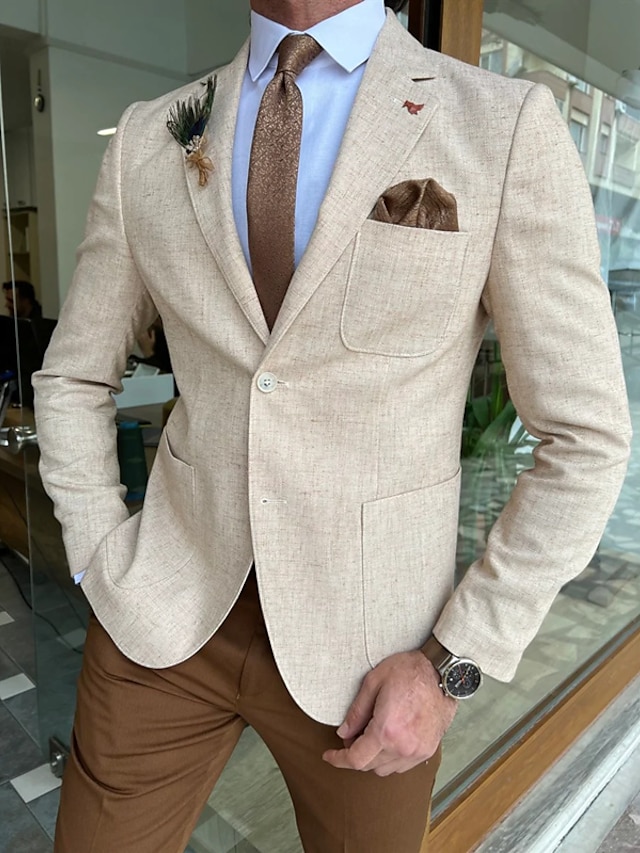  Men's Linen Blazer Beach Wedding Casual Tailored Fit Solid Colored Single Breasted One-button khaki 2024