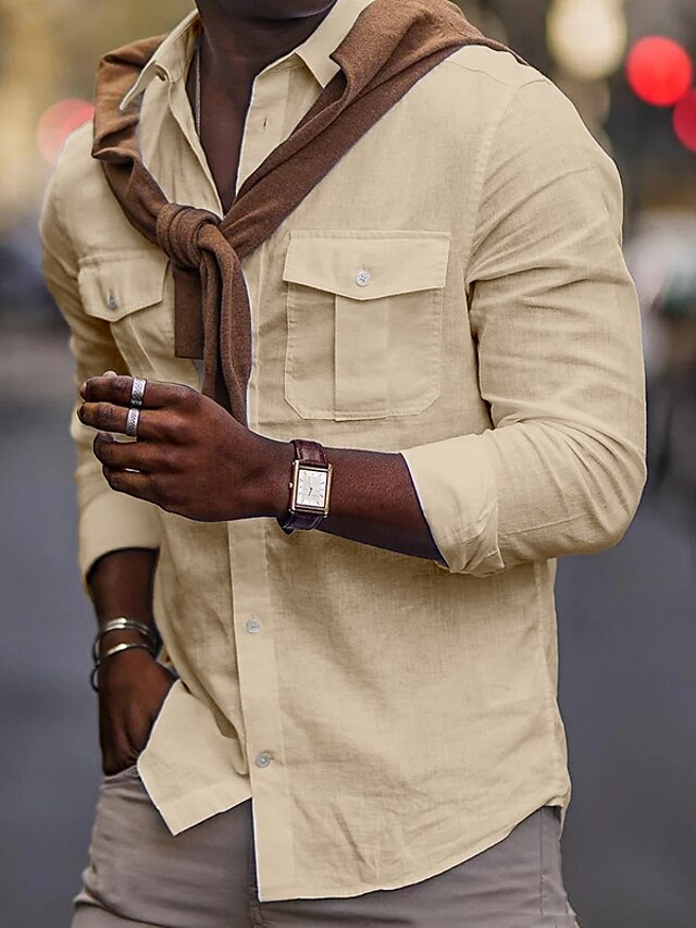  Herr Skjorta Linneskjorta i bomull Vit bomullsskjorta Sommarskjorta Strandskjorta Slät Hawaiisk Helgdag Svart Vit Blå Kaki Långärmad Kavajslag Vår & sommar Kläder Ficka