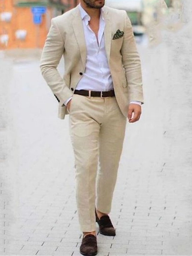 Men's Linen Suits Beach Wedding 2 Piece Solid Beige Colored Tailored ...