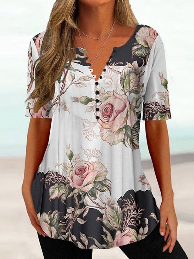 Women's T shirt Tee Henley Shirt Floral Button Print Holiday Weekend ...