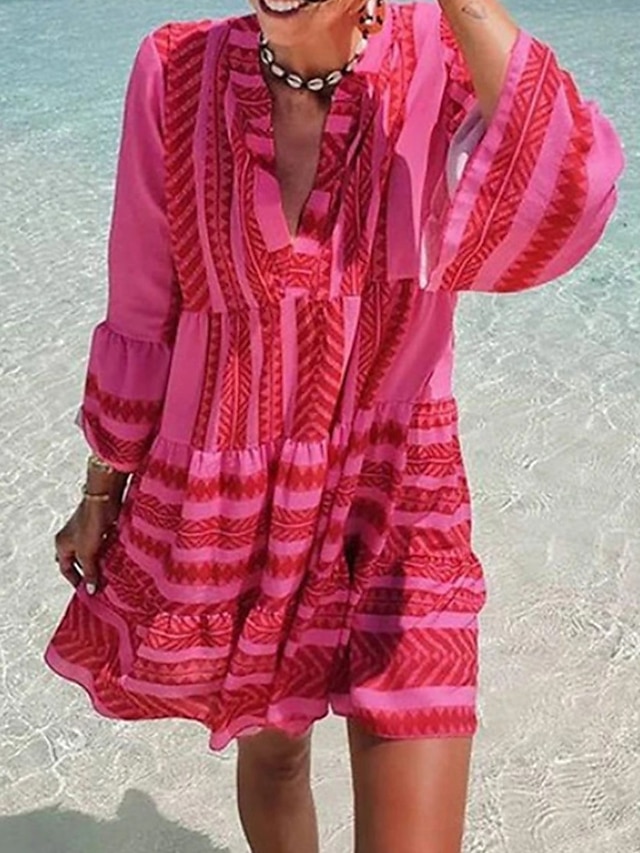  Dame Chiffon Chiffonkjoler Geometrisk Trykt mønster Split hals Mini kjole Tropisk Daglig Ferierejse Langærmet Sommer Forår