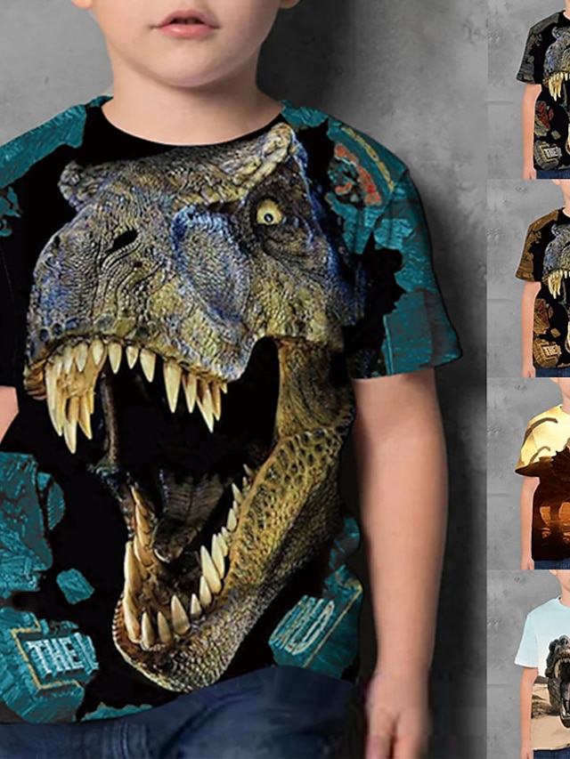  Barn Pojkar T-shirt Kortärmad Dinosaurie 3D-utskrift Färgblock Djur Crewneck Snabbtorkande Blå Gul Kaki Barn Blast Sommar Grundläggande Streetchic Casual 3-12 år