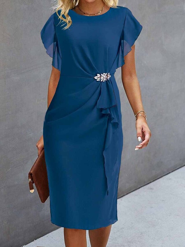Women's Wedding Guest Cocktail Party Dress Midi Chiffon Dress Wine Blue Green Short Sleeve Solid Color Ruffle Crew Neck Evening Summer Spring Fall 17