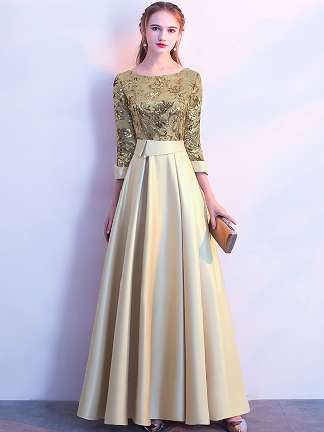  A-Line Glittering Elegant Prom Formal Evening Dress Jewel Neck 3/4 Length Sleeve Floor Length Satin with Sequin 2022