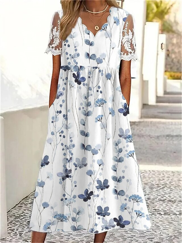 Women's Midi Dress A Line Dress Summer Dress Print Dress Fashion Modern Lace Sleeve Outdoor Vacation Daily Regular Fit Floral Short Sleeve Scalloped Neck White Spring Fall4
