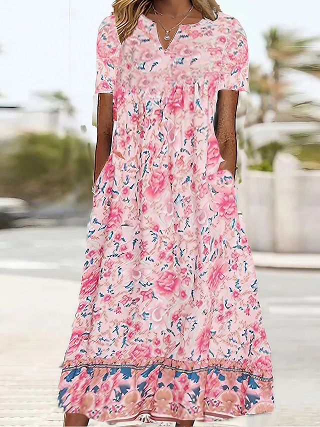  Women's Pink Dress Graphic Ditsy Floral Print V Neck Midi Dress Classic Daily Vacation Short Sleeve Summer Spring