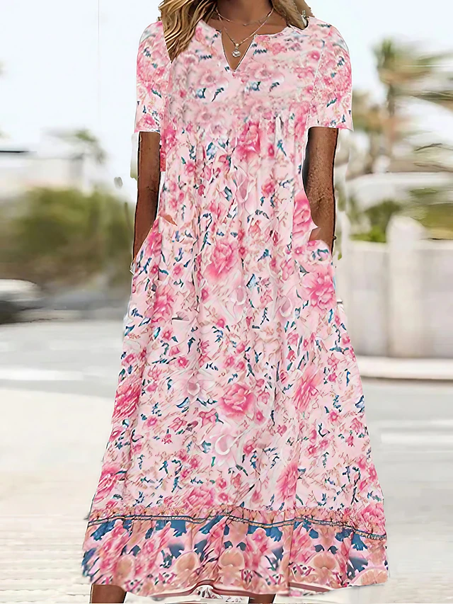 Women's Pink Dress Floral Graphic Print V Neck Midi Dress Classic Daily Vacation Short Sleeve Summer Spring 11