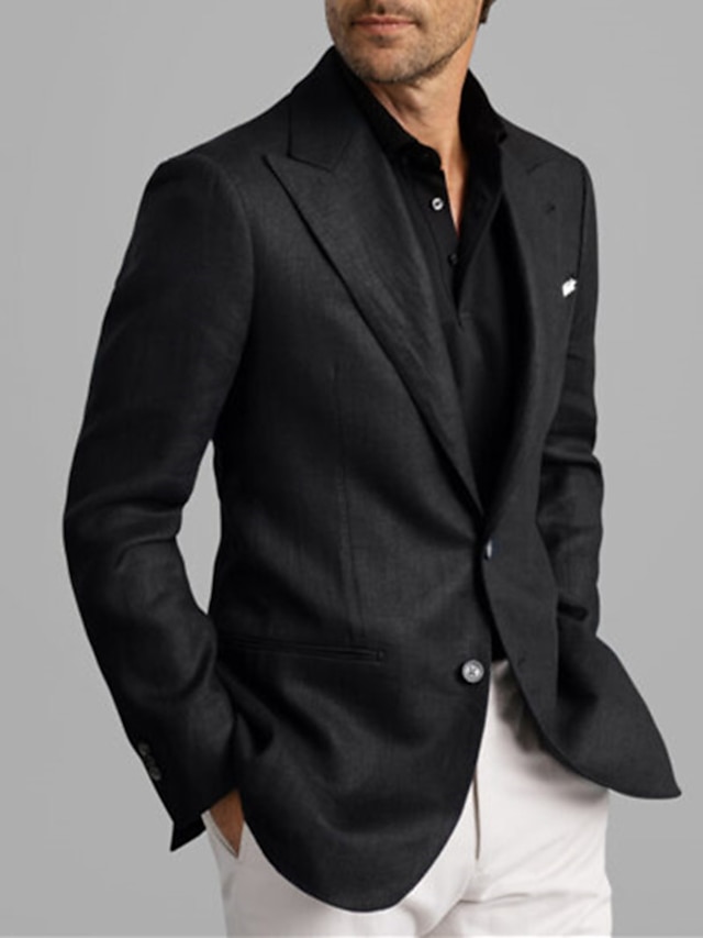  férfi divat alkalmi vászon blézer normál szabású egyszínű egysoros kétgombos fekete 2024