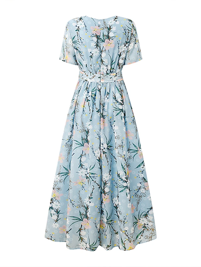 Women's Casual Dress Midi Dress Blue Short Sleeve Floral Print Chiffon ...