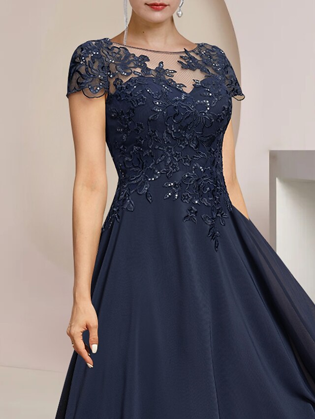 A-Line Mother of the Bride Dress Formal Wedding Guest Elegant Scoop Neck Asymmetrical Tea Length Chiffon Lace 3/4 Length Sleeve with Beading Tier Appliques dress to impress main image 1