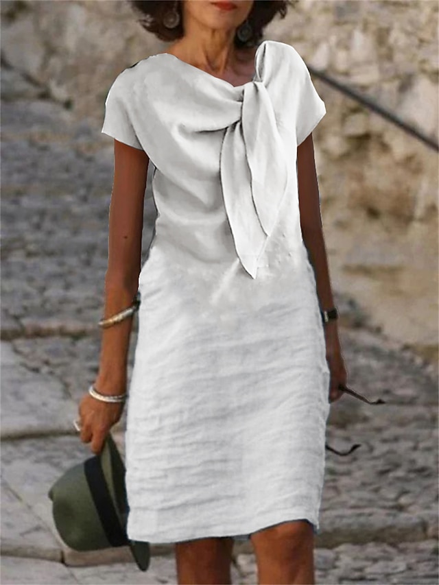  Mujer Vestido blanco Vestido informal Vestido de Algodón Vestido Midi Acordonado Anudado Básico Casual Diario Vacaciones Escote en Pico Manga Corta Verano Primavera Negro Blanco Plano