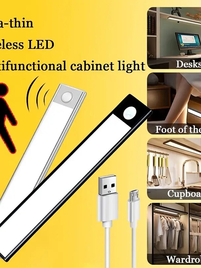  Lámpara de noche con sensor, 1 paquete, luz de armario de movimiento de pared magnética recargable por USB, luces LED para armario, luces nocturnas alimentadas por batería para dormitorio, armario, escaleras