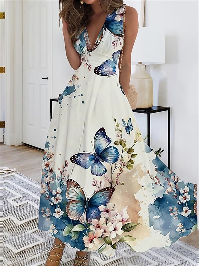  Rochie maxi pentru femei Rochie în linie A Rochie casual Rochie fluture Rochie de vară Fashion Streetwear Casual Înafară Vacanță Zi de zi Ajustare regulară Floral Fluture Fără mâneci Gât în V Negru