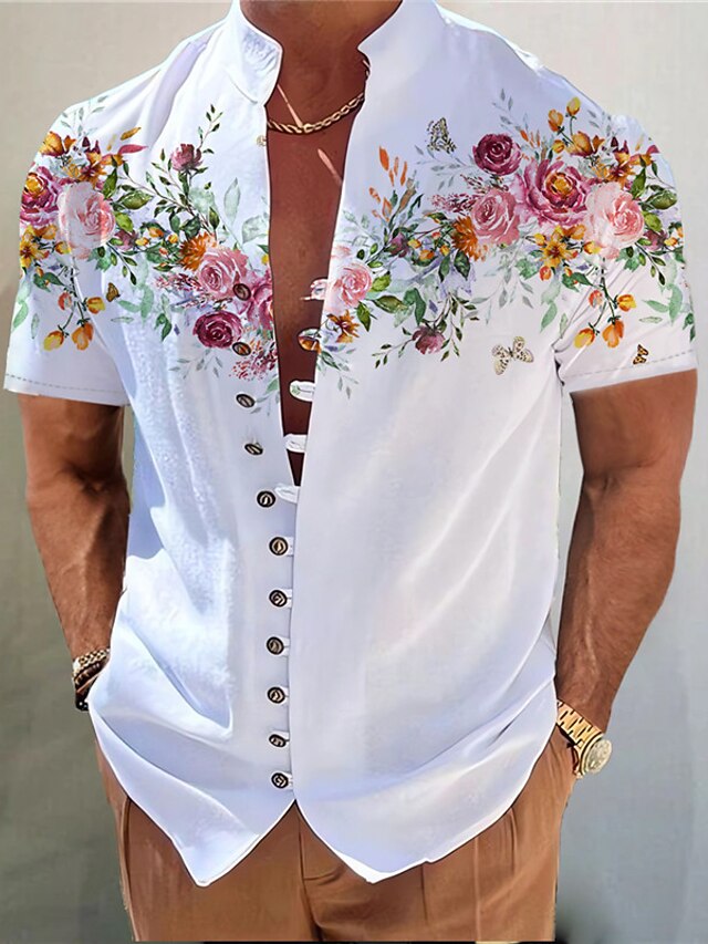 Men's Shirt Floral Graphic Prints Stand Collar Red Blue Purple Green