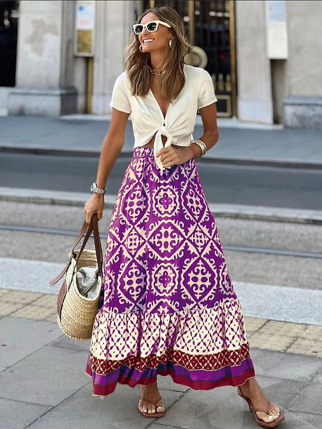  dámská houpačka dlouhá sukně bohemia maxi sukně volánkový potisk grafika ulice dovolená jaro & letní móda ve stylu pobřežní babičky boho černá světle zelená modrá fialová