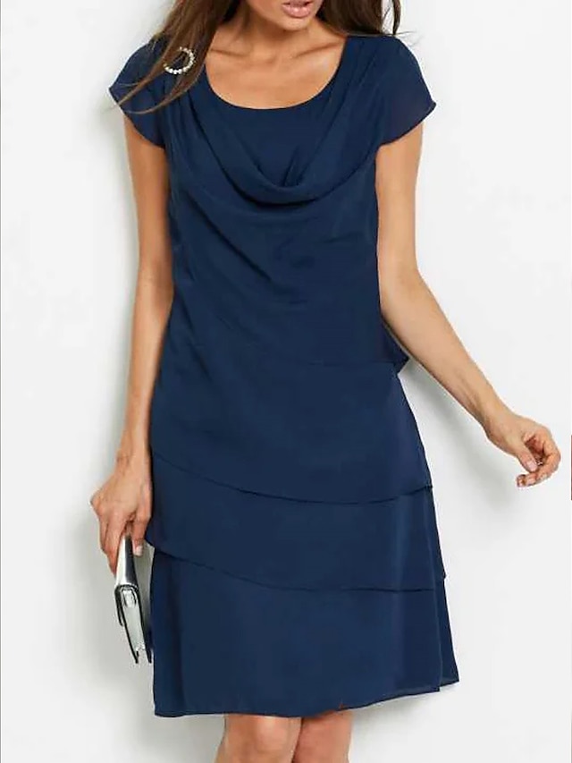  Women's Party Dress Shift Dress Ruched Layered Crew Neck Short Sleeve Midi Dress Vacation Beach Navy Blue Summer Spring