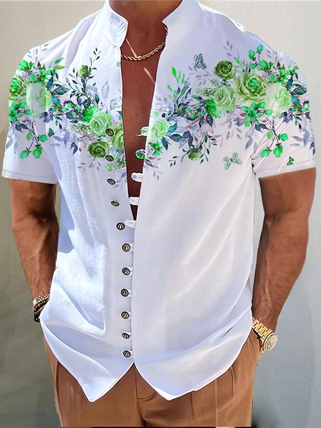 Men's Shirt Floral Graphic Prints Stand Collar Red Blue Purple Green ...