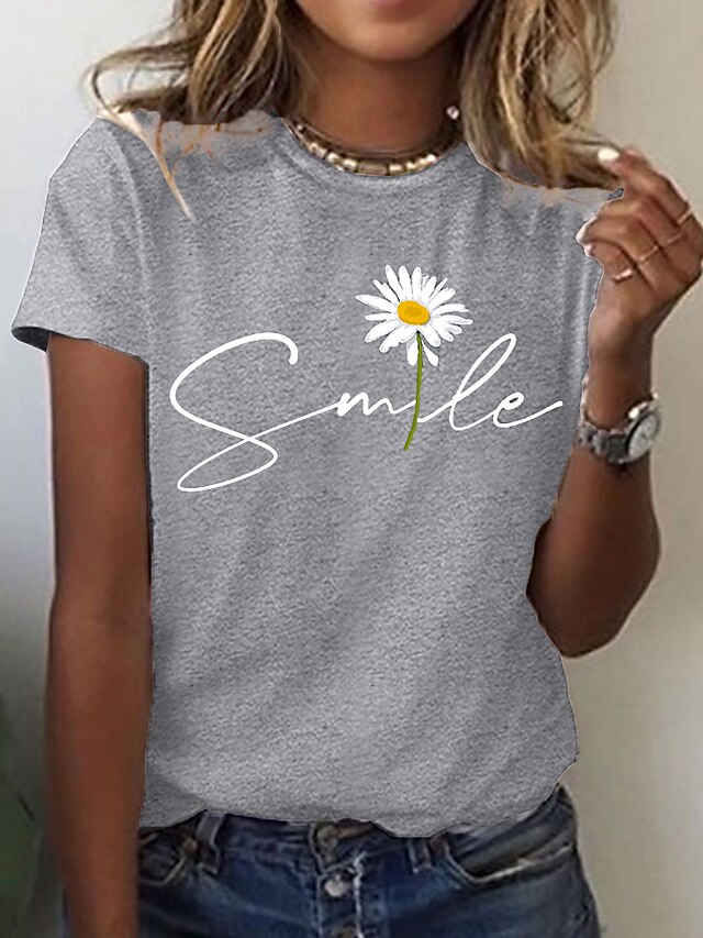 Women's T shirt Tee 100 Cotton Black White Yellow Graphic Daisy Print Short Sleeve Daily Going