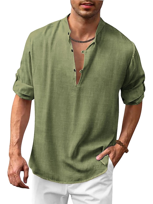  Herren Hemd Hemd aus Baumwollleinen Popover-Shirt Lässiges Hemd Sommerhemd Strandhemd Schwarz Weiß Marineblau Langarm Glatt Henley Frühling Sommer Casual Täglich Bekleidung