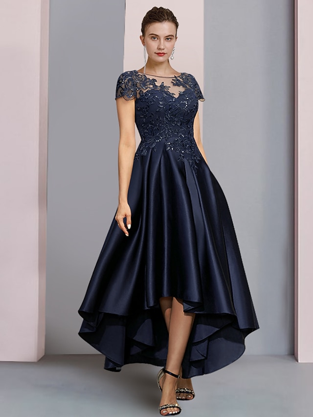  A-Line Mother of the Bride Dress Formal Wedding Guest Elegant Party High Low Scoop Neck Asymmetrical Tea Length Satin Lace Half Sleeve with Sequin Appliques 2024