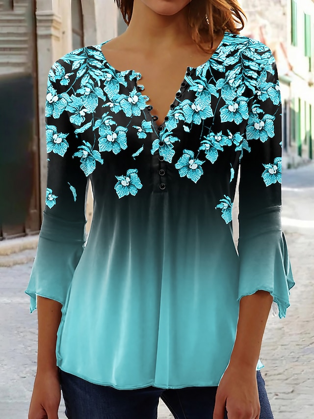 Pentru femei Cămașă Bluză Floral Gradient de culoare Concediu Buton Imprimeu Roz Îmbujorat Lungime Manșon 3/4 De Bază Neon & Luminos Rotund