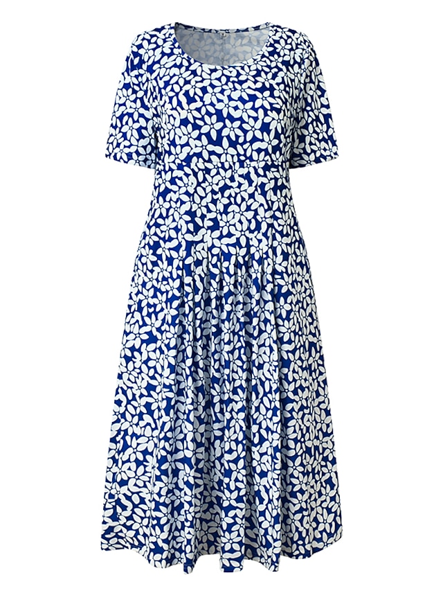 Women's Casual Dress Midi Dress Blue Short Sleeve Floral Ruched Spring ...