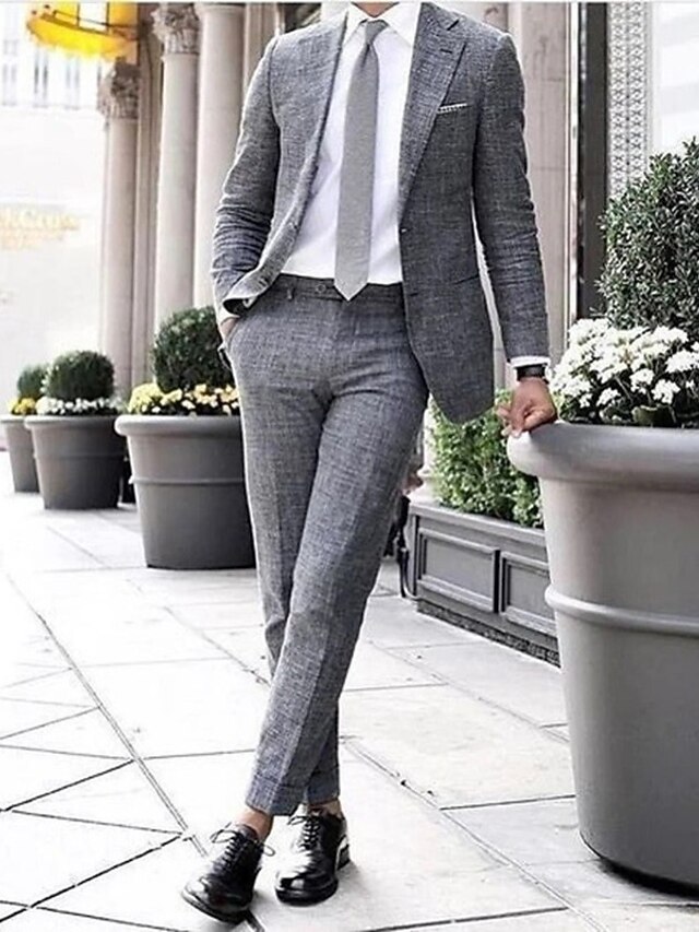 Gray Men's Wedding Linen Suits 2 Piece Solid Colored Tailored Fit
