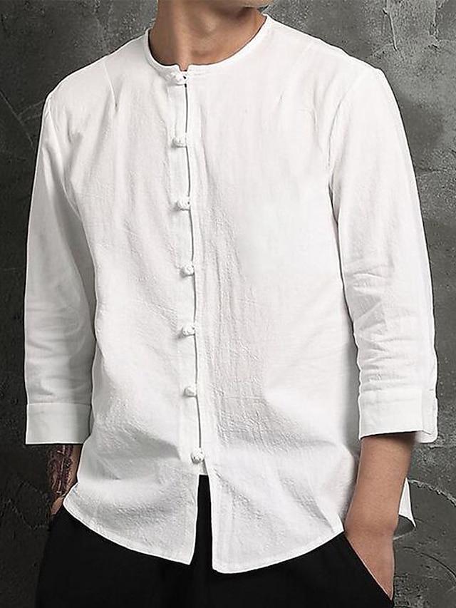  Per uomo Camicia camicia di lino Camicia in lino e cotone Camicia in cotone bianco Camicia con colletto cinese Camicia con colletto alla coreana Liscio Da mare Informale Bianco Manica lunga A fascia