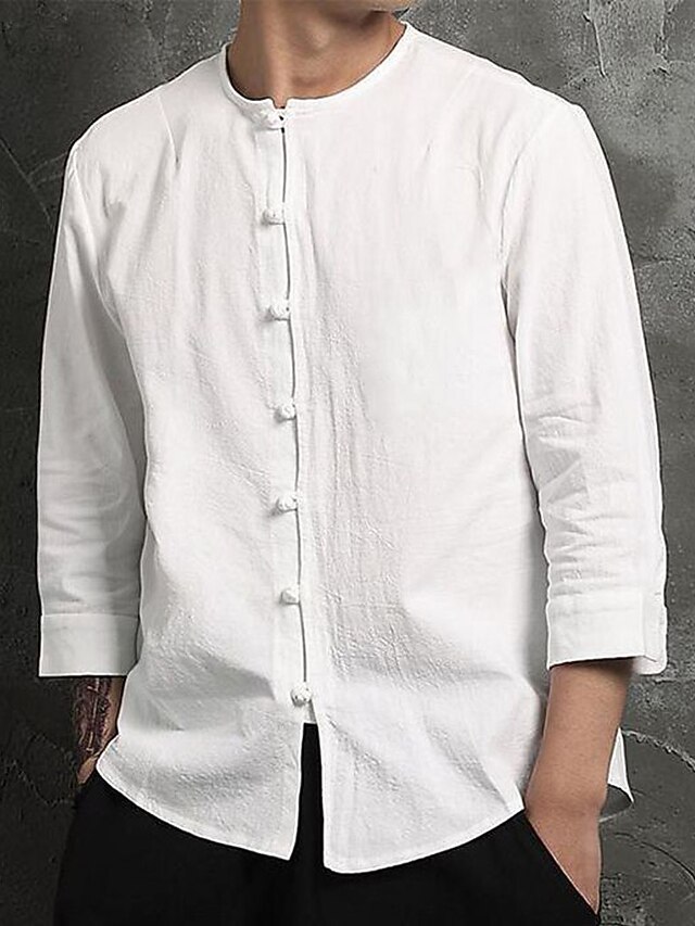 Men's Shirt Linen Shirt Cotton Linen Shirt White Cotton Shirt Chinese Collar Shirt Mandarin Collar Shirt Plain Vacation Casual White Long Sleeve Band Collar Spring & Summer Clothing Apparel Pocket4