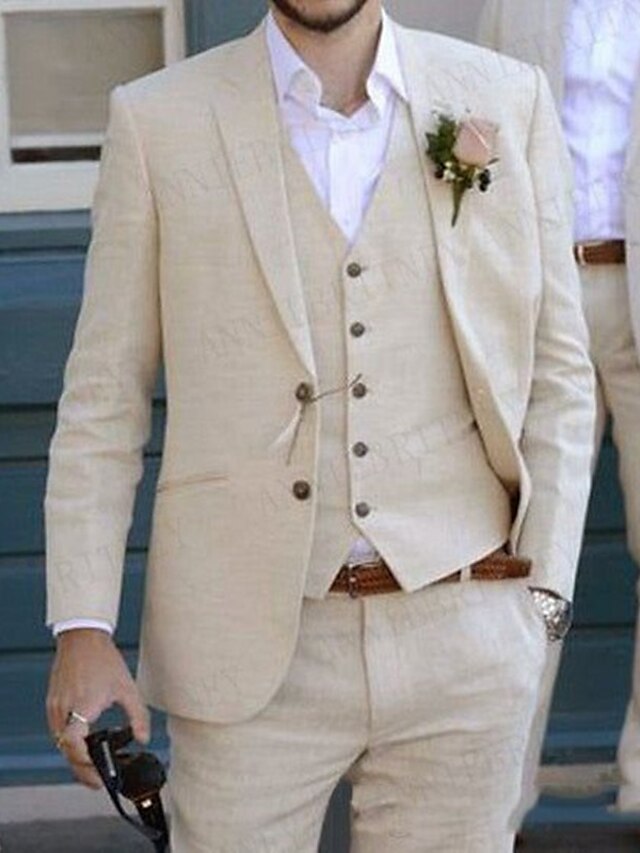 Men's Linen Suits Beach Wedding Beige 3 Piece Solid Colored Summer ...