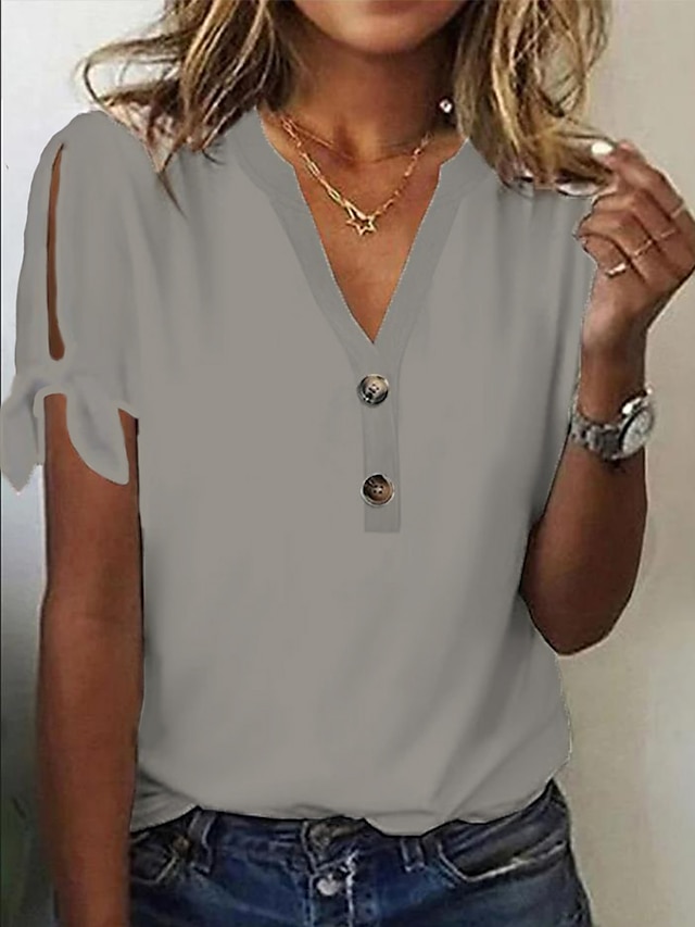 Women's T shirt Tee Plain White Pink Blue Button Cut Out Short Sleeve ...