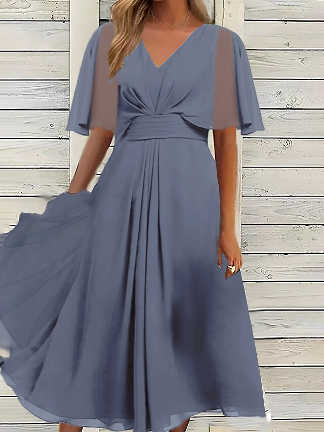  Women's Party Dress Cocktail Dress Wedding Guest Dress Midi Dress Pink Blue Purple Short Sleeve Pure Color Ruched Summer Spring Fall V Neck Fashion Birthday Wedding Guest Vacation 2023 S M L XL 2XL