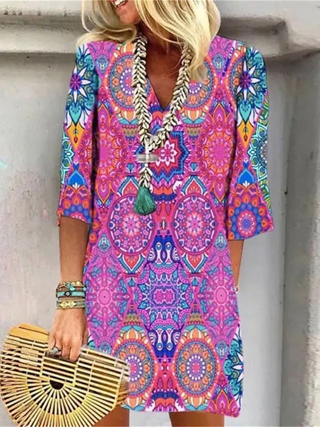  naisten vuoromekko kukkainen paisley print v kaula minimekko päivittäinen loma 3/4-hihainen kesä kevät