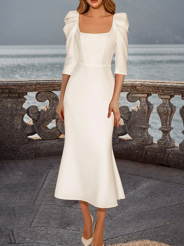  Reception Vintage 1940s / 1950s Simple Wedding Dresses Wedding Dresses A-Line V Neck 3/4 Length Sleeve Tea Length Satin Bridal Gowns With Solid Color 2024