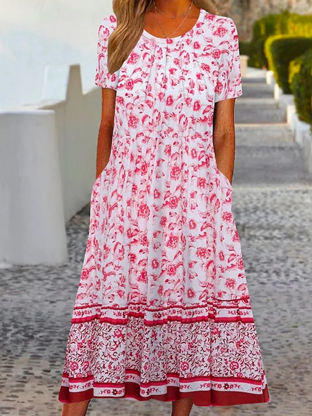 Women's Casual Dress Summer Dress Print Dress Floral Ruched Pocket Crew ...