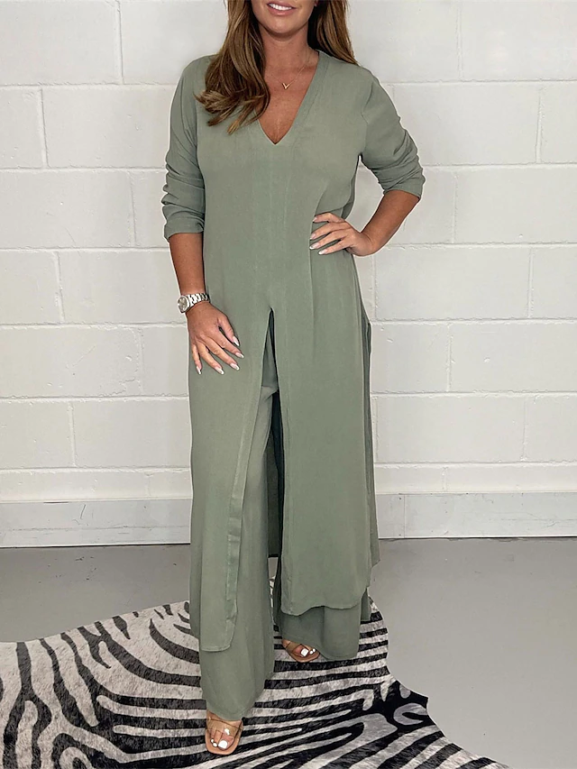 Women's Pajamas Pajama Top and Pant Sets 2 Pieces Pure Color Fashion Casual Soft Home Daily Bed Breathable V Wire Long Sleeve T shirt Tee Pant Summer Spring 13