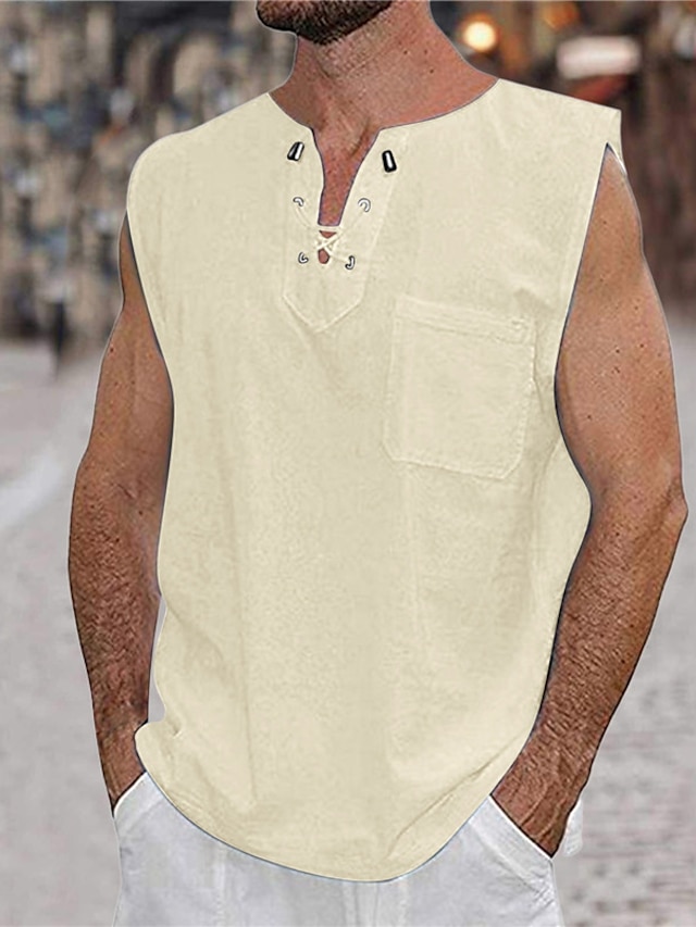  رجالي قميص قميص كتان قميص قطن كتان قميص صيفي قميص الشاطئ أسود أبيض أزرق البحرية بدون كم سهل V رقبة الصيف فضفاض مناسب للبس اليومي ملابس رباط