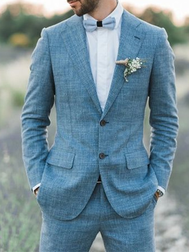 Men's Blue Linen Suits Beach Wedding 2 Piece Solid Colored Suits ...