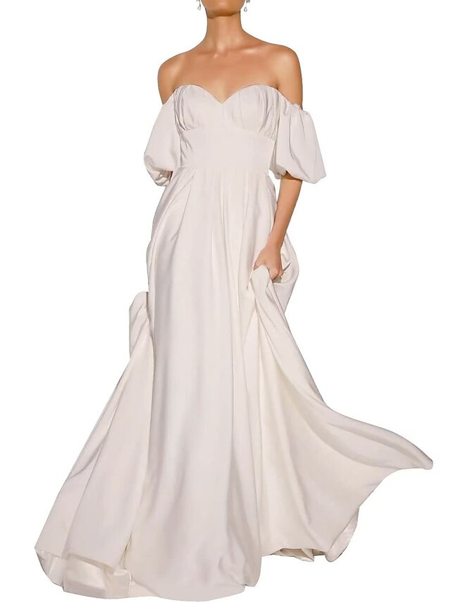  Off Shoulder Puffy Wedding Dresses for Bride A-Line Court Train Beach Boho Chiffon Bridal Gowns 2023
