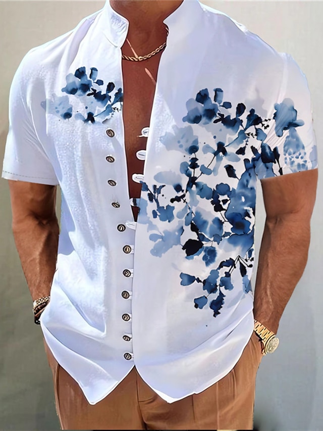 Men's Shirt Floral Graphic Prints Stand Collar Yellow Blue Purple Green Gray Outdoor Street Short Sleeve Print Clothing Apparel Fashion Streetwear Designer Casual