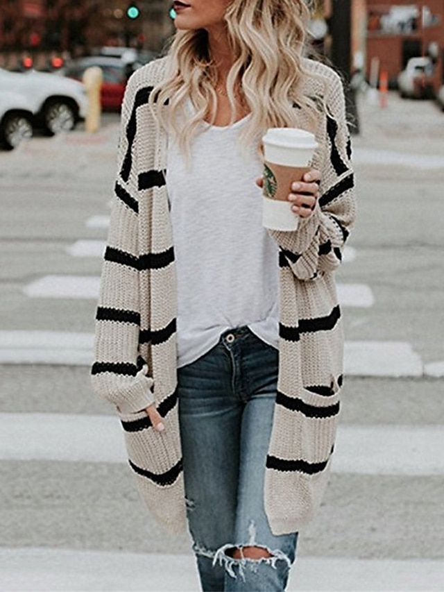  Women's Cardigan Sweater Open Front Crochet Knit Acrylic Pocket Summer Spring Long Daily Going out Weekend Stylish Casual Soft Long Sleeve Striped Maillard Wine Beige S M L