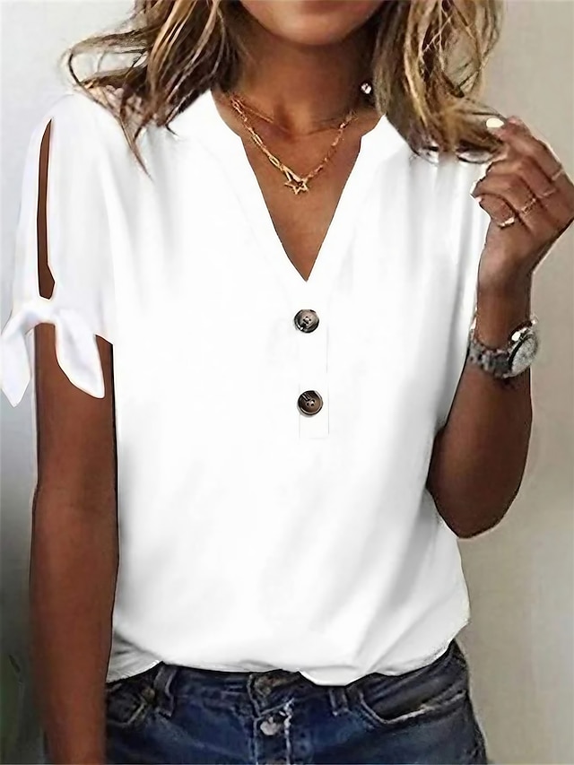  女性用 Tシャツ モーダル 平織り ボタン 切り抜き カジュアル 日常 ファッション ベーシック 半袖 Ｖネック ホワイト 夏 春