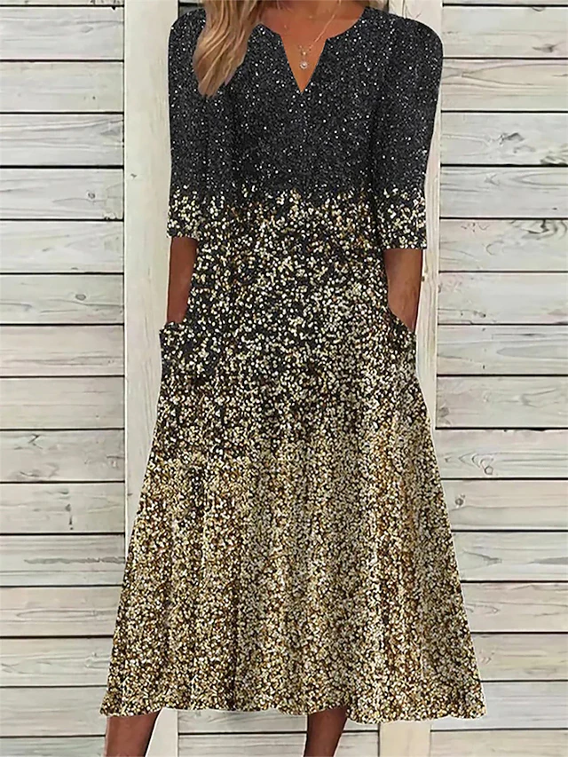 Women's Midi Dress Ombre Ruched Pocket V Neck Midi Dress Daily Vacation 3/4 Length Sleeve Summer Spring4