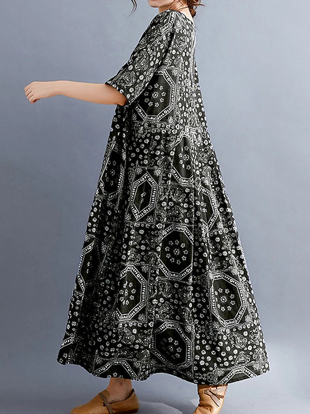 Women's Maxi long Dress Casual Dress Ethnic Dress Swing Dress Summer Dress Vintage Retro Casual Vacation Daily Holiday Loose Fit Tribal Half Sleeve Crew Neck Black Red Navy Blue Summer Spring Fall 12