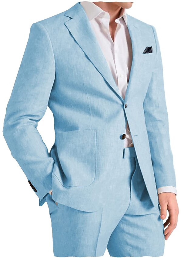 Light Blue White Champagne Men's Wedding Linen Suits 2 Piece Solid