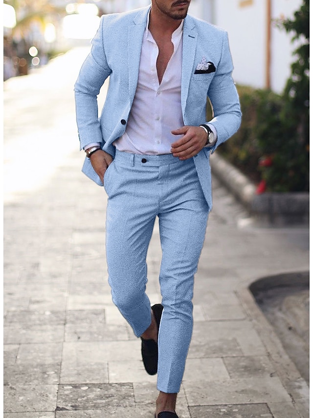 Light Blue Men's Linen Suits Summer Beach Wedding Suits 2 Piece Solid ...